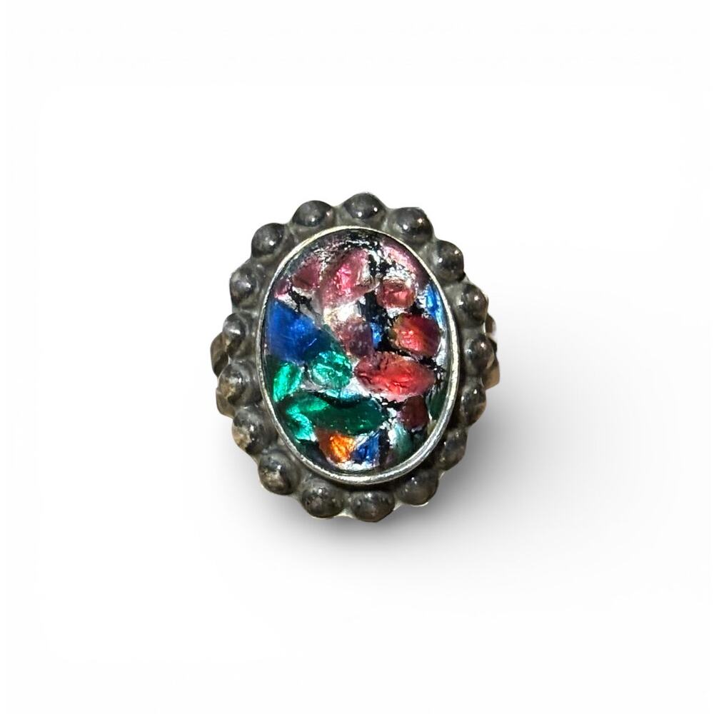 Vintage Sterling Silver Pink Blue Green Foiled Glass Ring Size 6.5 - Tarnished - Picture 2 of 5